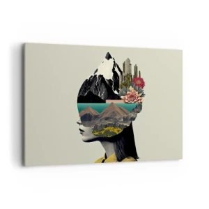 Impression sur toile - Image sur toile - Collage d'une femme avec un paysage de montagne et des fleurs - 120x80cm - La femme – toujours un mystère - Décoration murale moderne pour le salon et la chambre ARTTOR
