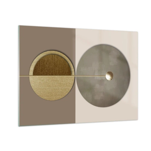 Impression sur verre - Image sur verre - Cercles et lignes dorés dans une composition harmonieuse - 70x50cm - Équilibre parfait - Décoration murale moderne pour le salon et la chambre ARTTOR