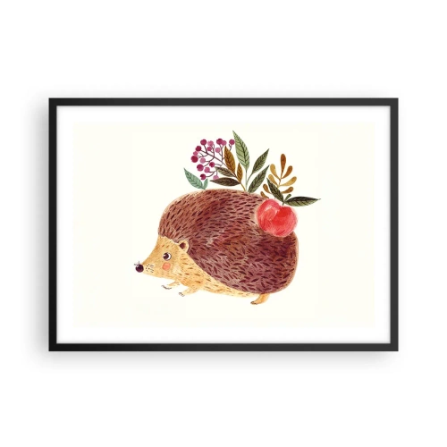 Affiche dans un cadre noir - Poster - Un hérisson mignon avec une pomme et des plantes dans un style illustratif - 70x50cm - Et tu m’apprécies déjà - Décoration murale moderne pour le salon et la chambre ARTTOR