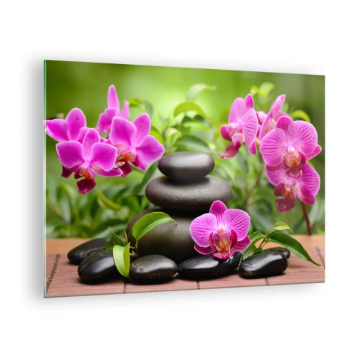 Impression sur verre - Image sur verre - Orchidées roses et pierres noires dans un cadre tranquille - 70x50cm - Pyramide de la Paix - Décoration murale moderne pour le salon et la chambre ARTTOR