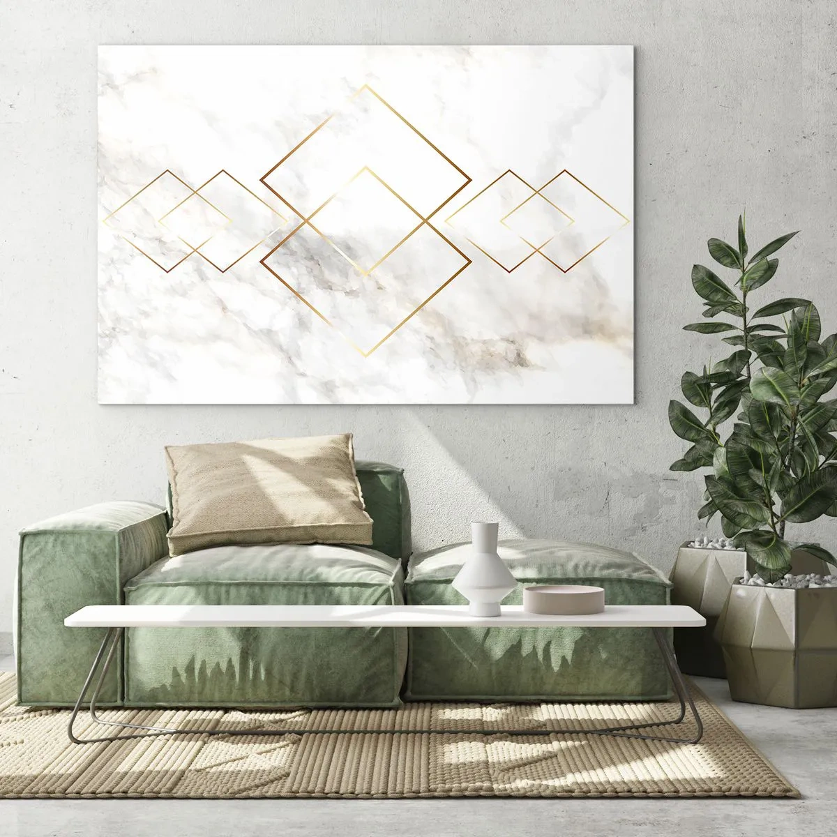 Impression sur verre - Image sur verre - Losanges géométriques dorés sur fond de marbre blanc - 120x80cm - Vue à l'infini - Décoration murale moderne pour le salon et la chambre ARTTOR