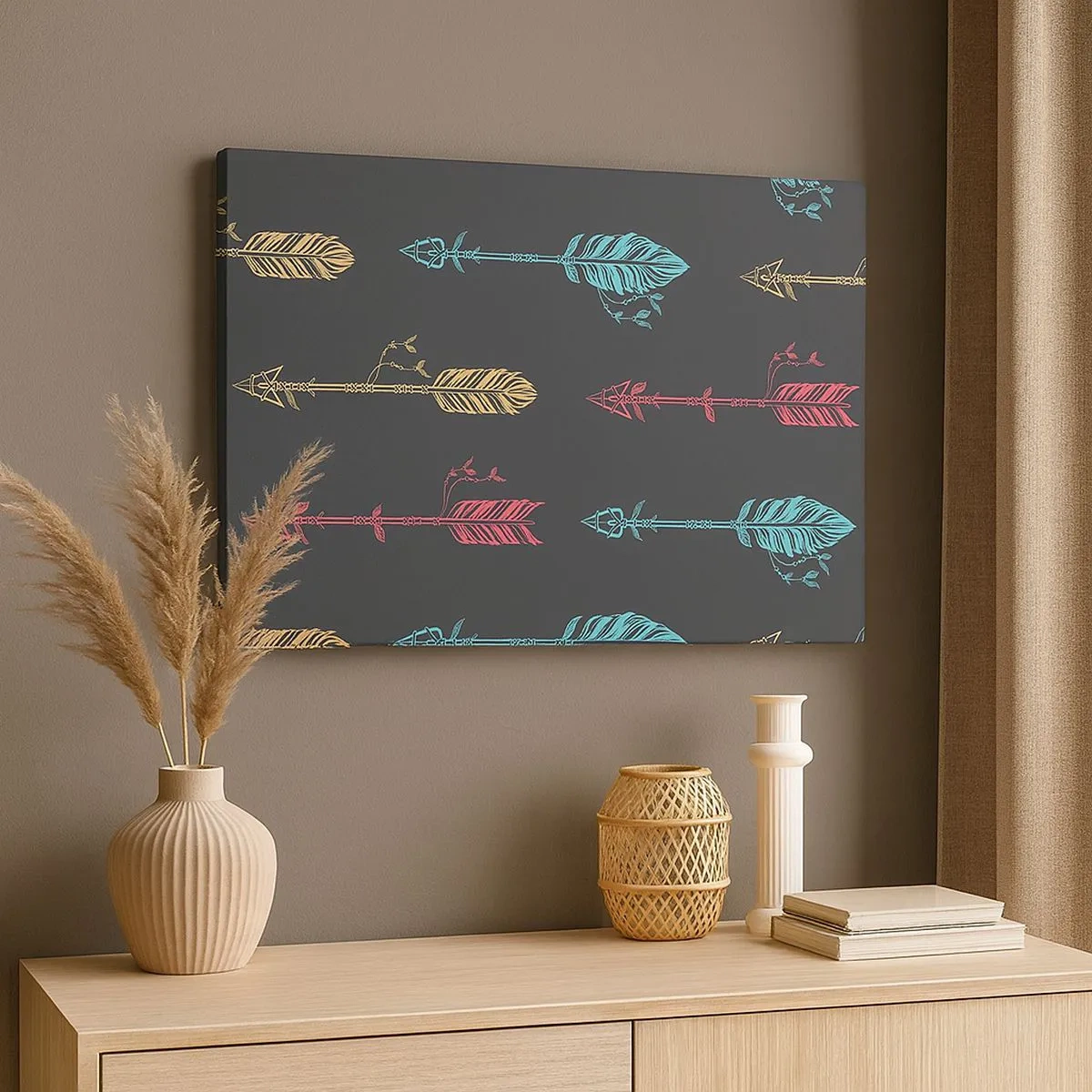 Impression sur toile - Image sur toile - Motif de flèche stylisée aux couleurs pastel sur fond sombre - 70x50cm - Dans l'ordonnance - Décoration murale moderne pour le salon et la chambre ARTTOR