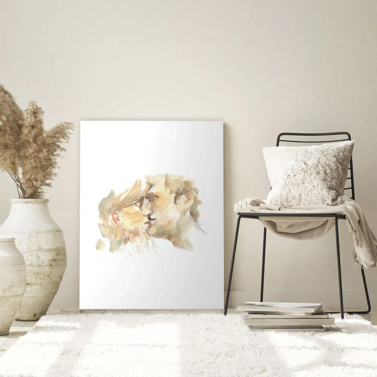 Impression sur verre - Image sur verre - Portrait romantique à l'aquarelle d'un couple s'embrassant - 80x120cm - A moitié trouvé ? - Décoration murale moderne pour le salon et la chambre ARTTOR