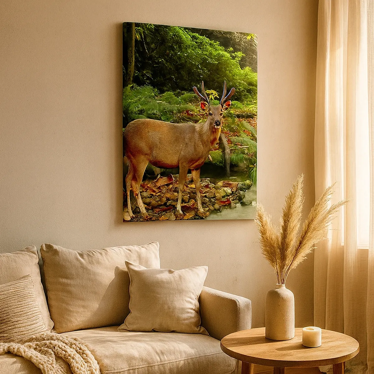 Impression sur toile - Image sur toile - Un cerf près d'un ruisseau entouré de verdure dans la forêt - 50x70cm - Bienvenue dans mon monde - Décoration murale moderne pour le salon et la chambre ARTTOR