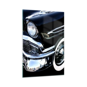 Impression sur verre - Image sur verre - Gros plan du phare et du garde-boue d'une voiture classique noire - 70x100cm - Classique en argent, noir et blanc - Décoration murale moderne pour le salon et la chambre ARTTOR