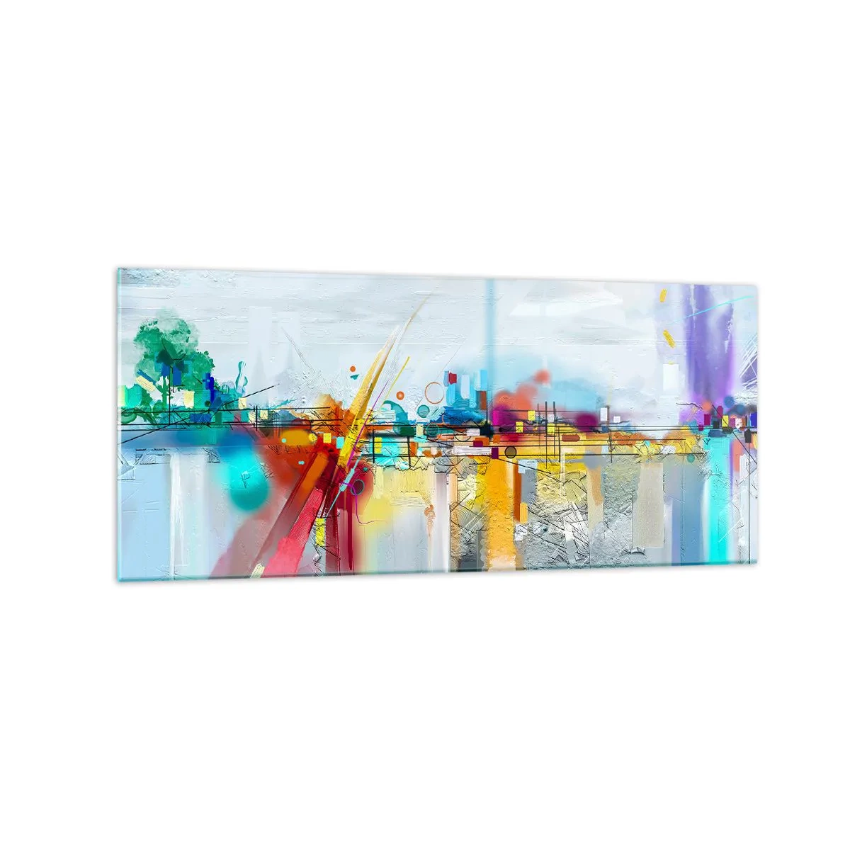 Impression sur verre - Image sur verre - Paysage abstrait aux accents colorés - 120x50cm - Pont de joie sur le fleuve de la vie - Décoration murale moderne pour le salon et la chambre ARTTOR