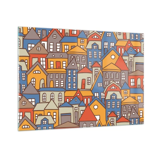 Impression sur verre - Image sur verre - Des maisons colorées dans un style graphique créent un paysage joyeux - 100x70cm - Derrière la maison, une maison - Décoration murale moderne pour le salon et la chambre ARTTOR