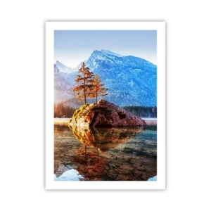 Affiche - Poster - Des arbres sur un rocher se reflètent dans un lac calme - 50x70cm - La nature sous un nouveau jour - Décoration murale moderne pour le salon et la chambre ARTTOR