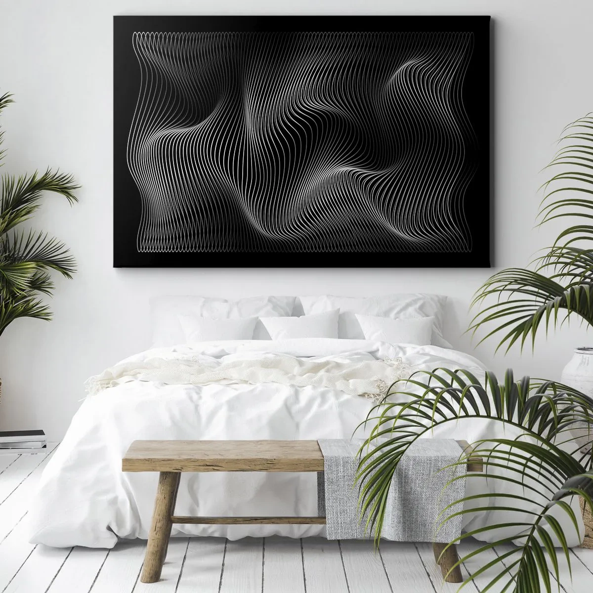 Impression sur toile - Image sur toile - Lignes blanches abstraites sur fond noir - 70x50cm - Danse de lumière dans l'espace - Décoration murale moderne pour le salon et la chambre ARTTOR