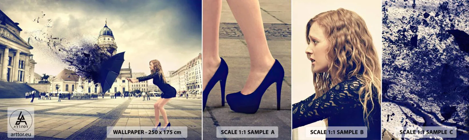 Échantillon De Papier Peint Standard Eco - Il y a un tel vent… - Femme, Ville, Parapluie mystérieux - 100x30 cm