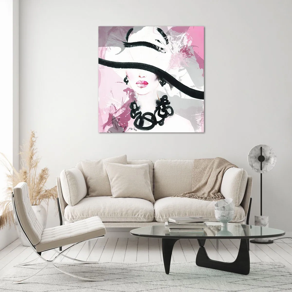 Impression sur verre - Image sur verre - Portrait d'une dame en noir et rose - 60x60 cm