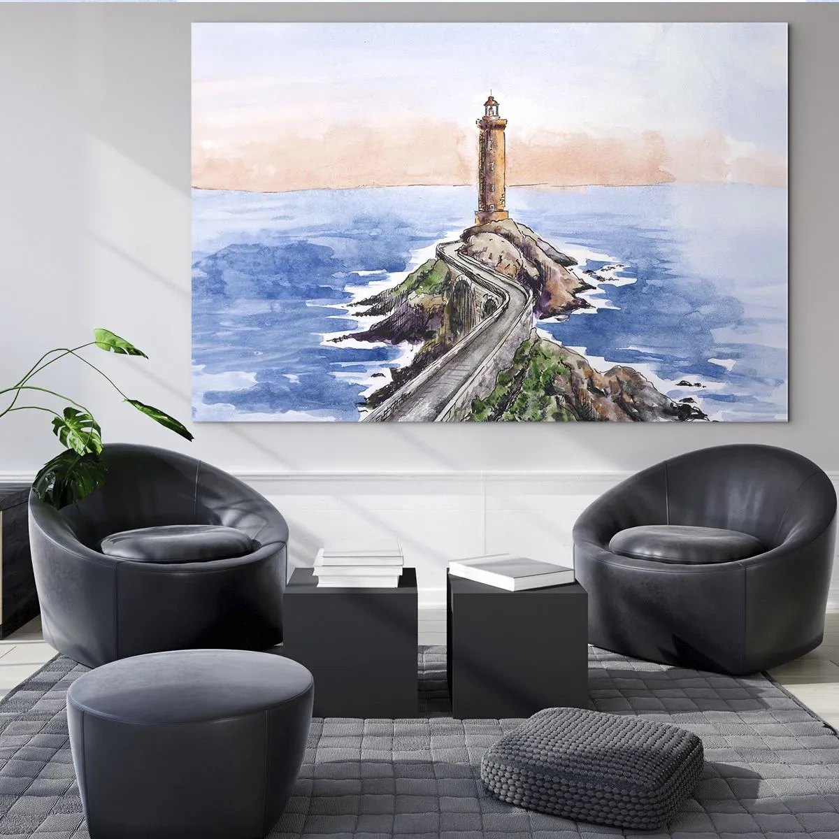 Impression sur verre - Image sur verre - Un phare sur un promontoire rocheux entouré d'une mer calme - 70x50cm - Face à la mer - Décoration murale moderne pour le salon et la chambre ARTTOR