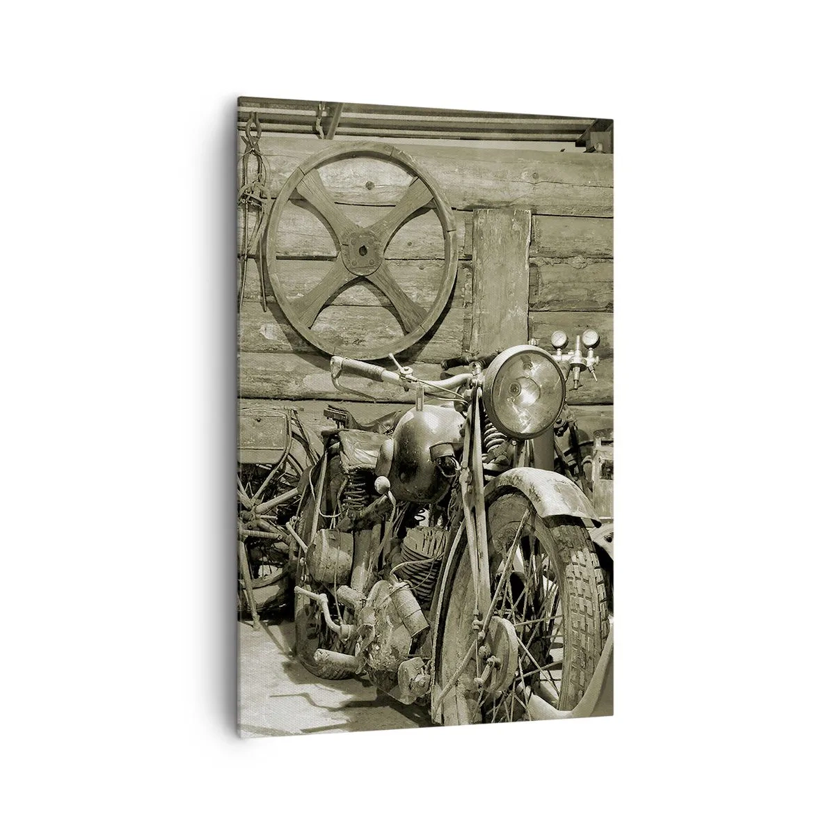 Impression sur toile - Image sur toile - Atelier rétro avec motos et outils - 80x120cm - Dans le hangar de l'oncle Władek - Décoration murale moderne pour le salon et la chambre ARTTOR