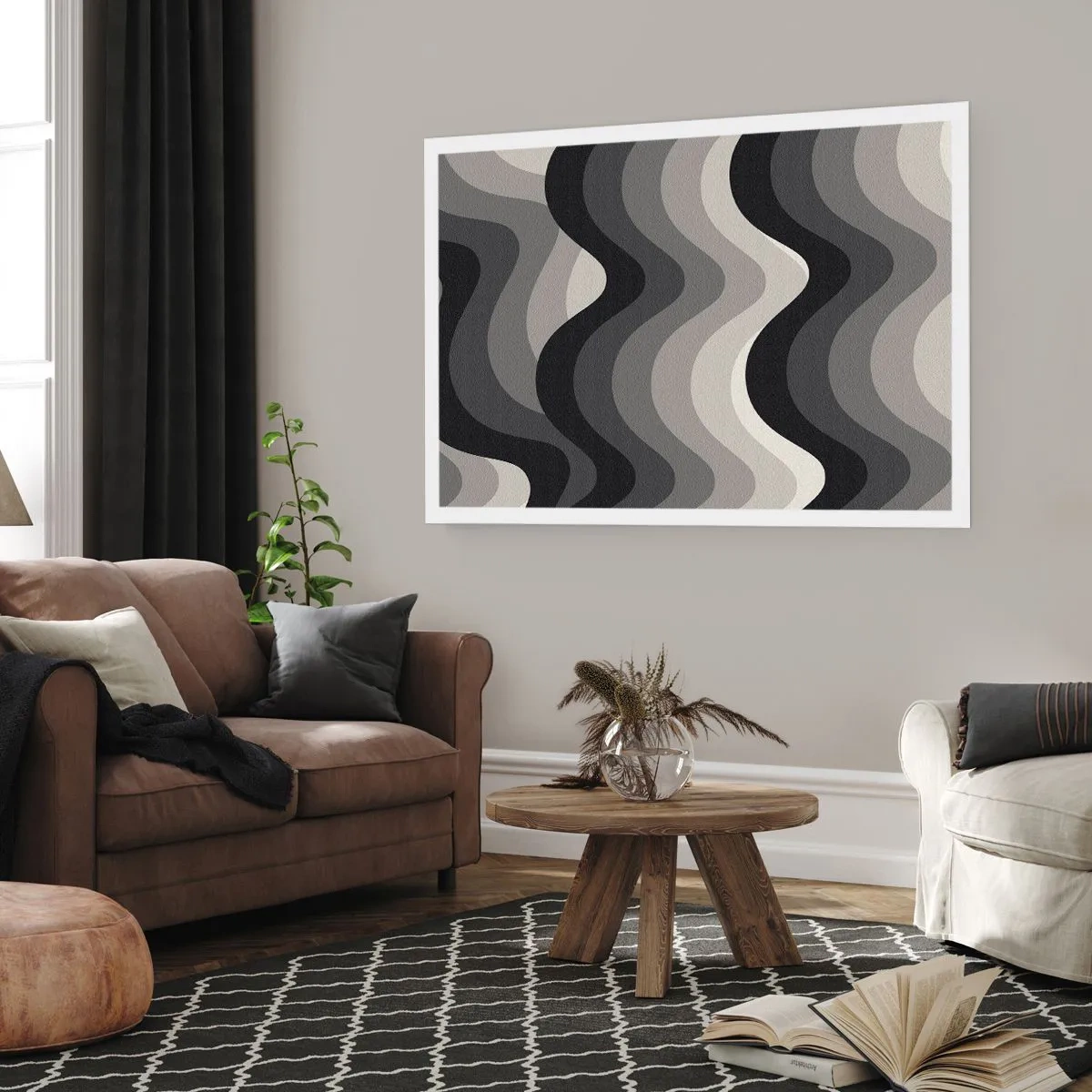 Affiche - Poster - Motifs ondulés noirs et blancs dans des tons de gris - 100x70cm - Vague après vague - Décoration murale moderne pour le salon et la chambre ARTTOR