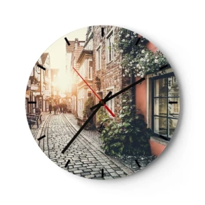 Horloge murale - Pendule murale - Une rue pittoresque avec des immeubles et des roses dans la lumière du coucher du soleil - 30x30cm - Allée de roses en lueur rose - Décoration murale moderne pour le salon, la cuisine et la chambre ARTTOR
