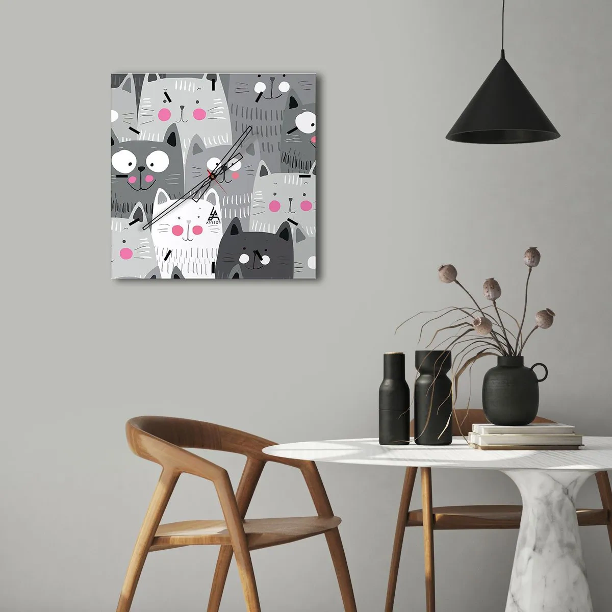 Horloge murale - Pendule murale - Un motif amusant avec des chats dans des tons de gris - 30x30cm - Le monde des chats - Décoration murale moderne pour le salon et la chambre ARTTOR