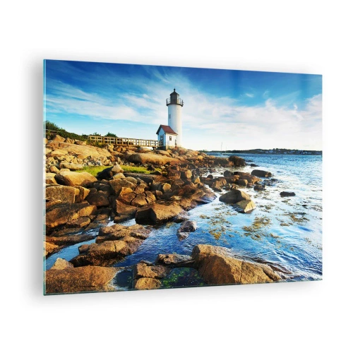 Impression sur verre - Image sur verre - Un phare sur une côte rocheuse par une journée ensoleillée - 70x50cm - Revenez heureux, j'attends - Décoration murale moderne pour le salon et la chambre ARTTOR