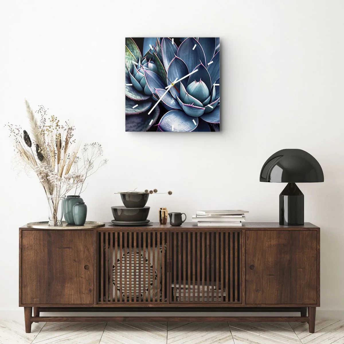 Horloge murale - Pendule murale - Agave dans des tons de bleu et de vert avec des accents roses - 30x30cm - Force vital - Décoration murale moderne pour le salon et la chambre ARTTOR