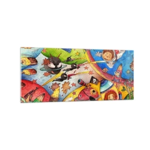 Impression sur verre - Image sur verre - Une scène spatiale colorée pleine d'enfants et de vaisseaux spatiaux - 120x50cm - Grande aventure spatiale - Décoration murale moderne pour le salon et la chambre ARTTOR