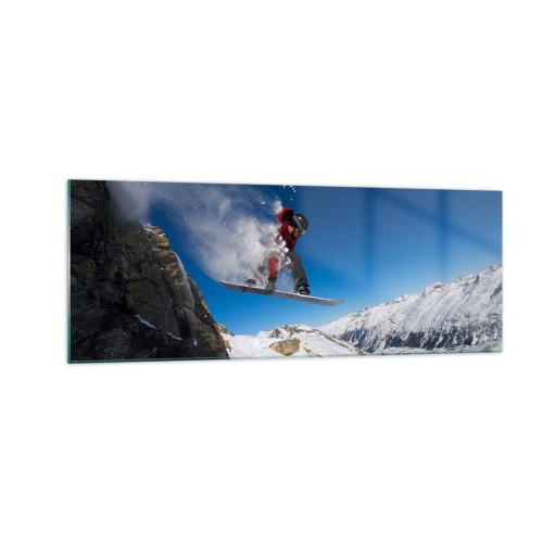 Impression sur verre - Image sur verre - Un snowboarder saute d'un rocher dans un paysage montagneux - 140x50cm - Et tu es devenu une partie de l'espace - Décoration murale moderne pour le salon et la chambre ARTTOR