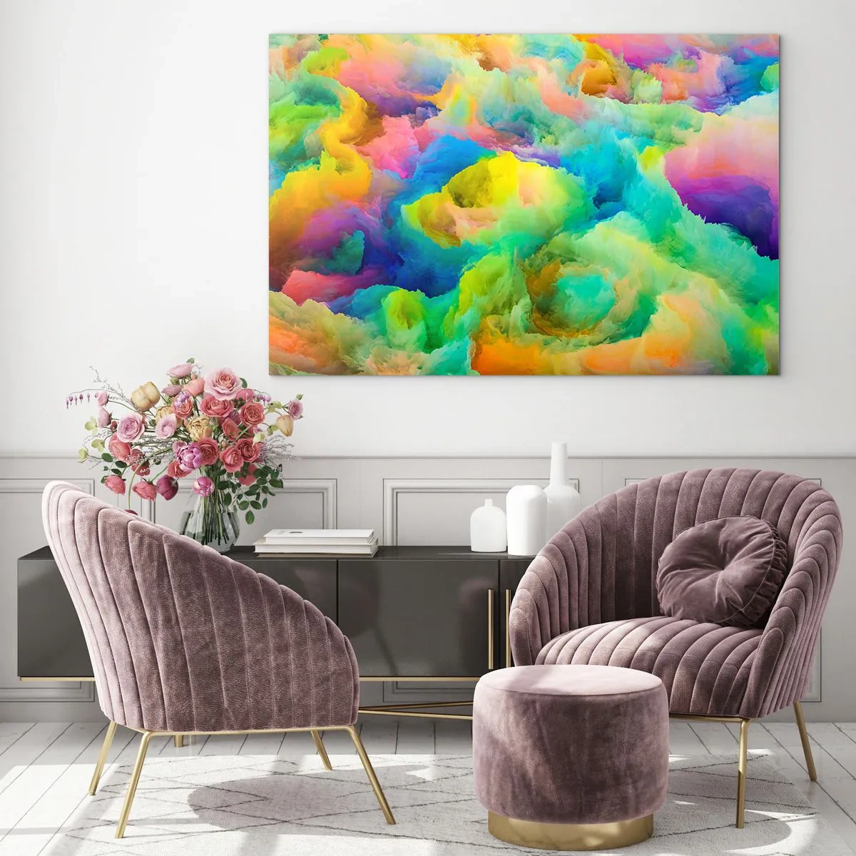 Impression sur verre - Image sur verre - Paysage abstrait aux couleurs vives - 70x50cm - Plumule arc-en-ciel - Décoration murale moderne pour le salon et la chambre ARTTOR