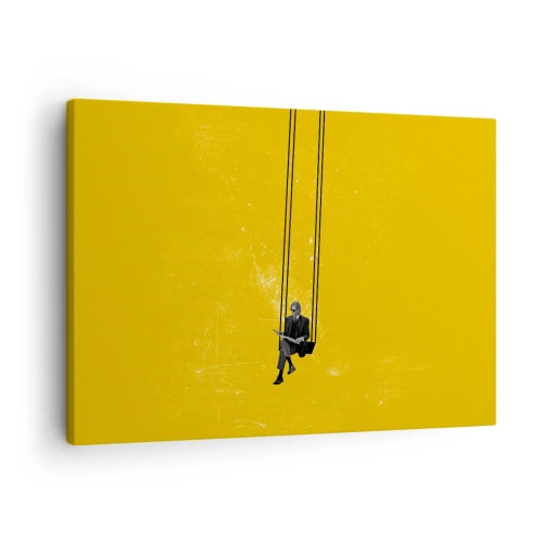 Impression sur toile - Image sur toile - Une personne sur une balançoire sur un fond jaune intense - 70x50cm - Un jour comme tous les jours - Décoration murale moderne pour le salon et la chambre ARTTOR
