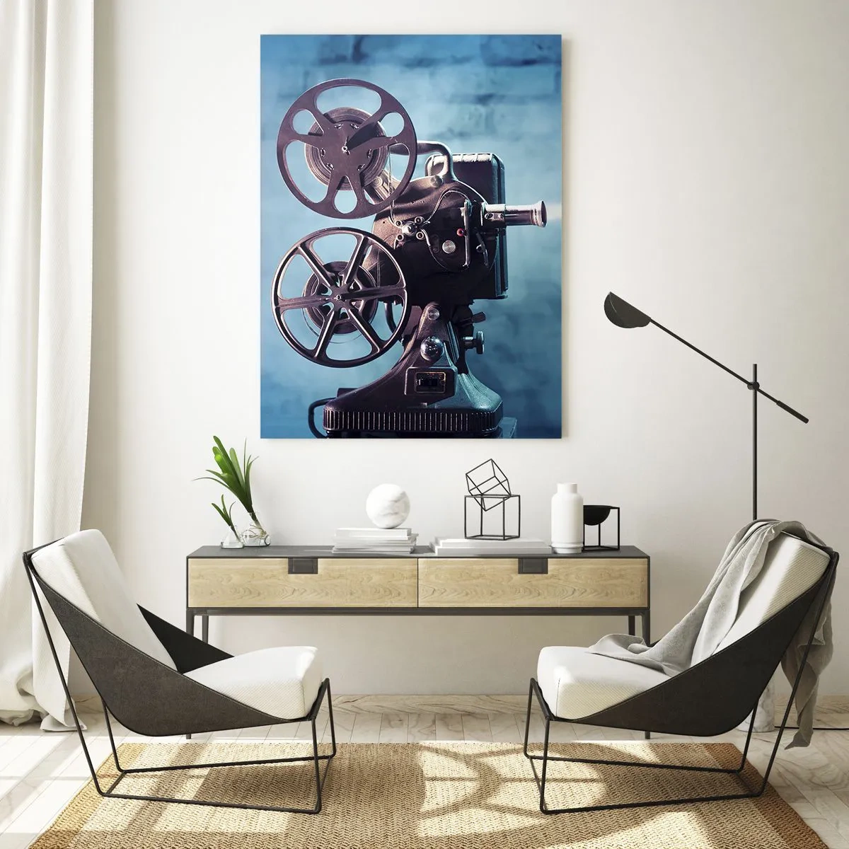 Impression sur verre - Image sur verre - Une caméra de cinéma de style rétro contre un mur bleu - 50x70cm - Dans un vieux cinéma - Décoration murale moderne pour le salon et la chambre ARTTOR