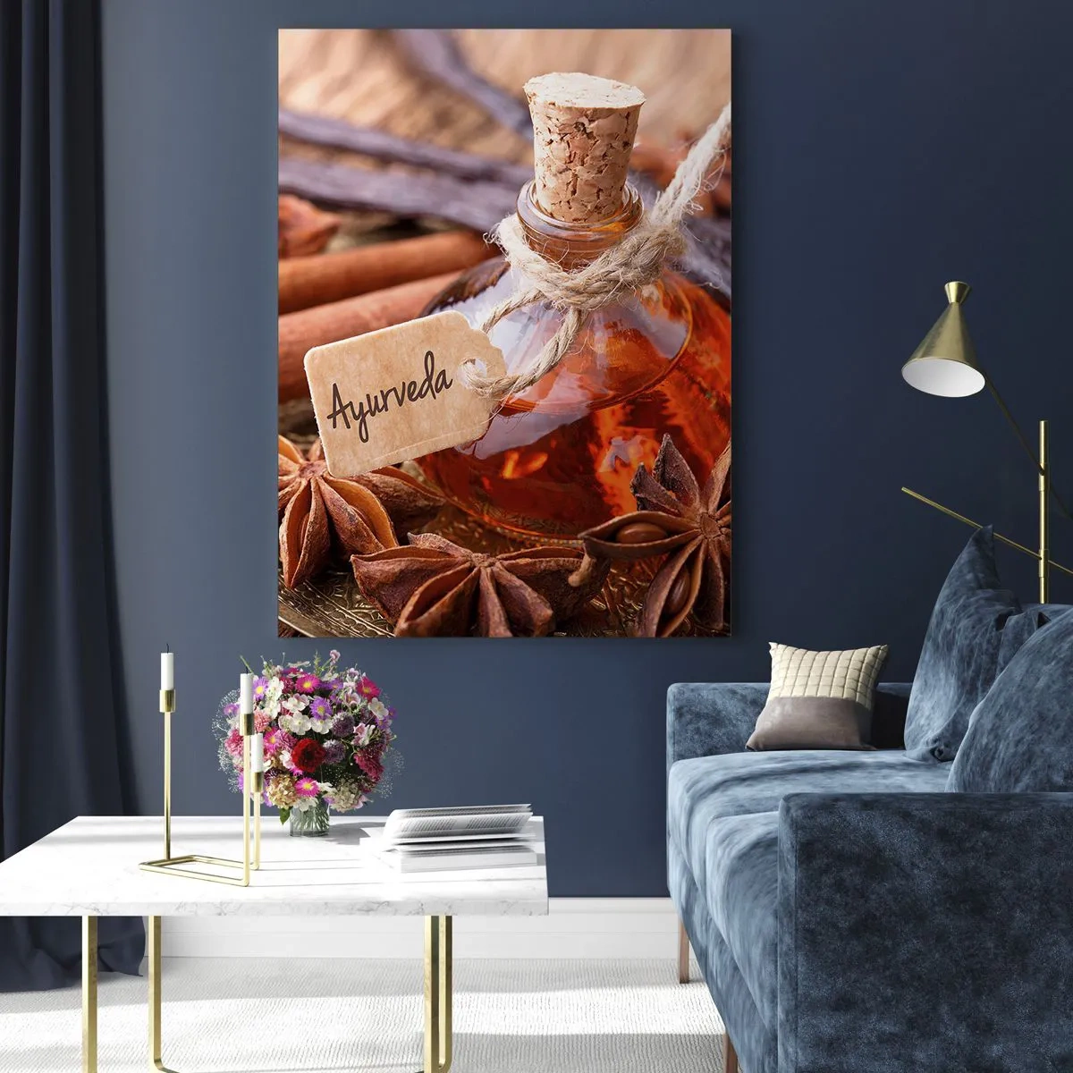 Impression sur verre - Image sur verre - Une bouteille d'huile d'épices sur un plateau - 70x100cm - Vers l'unité du corps et de l'esprit - Décoration murale moderne pour le salon et la chambre ARTTOR