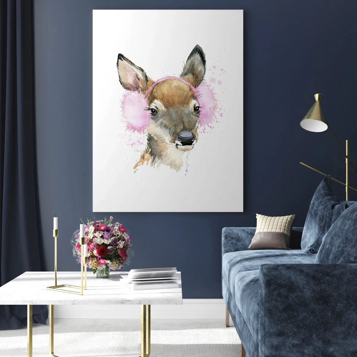 Impression sur verre - Image sur verre - Cerf aquarelle avec cache-oreilles roses - 70x100cm - Et le gel n'effraie plus - Décoration murale moderne pour le salon et la chambre ARTTOR
