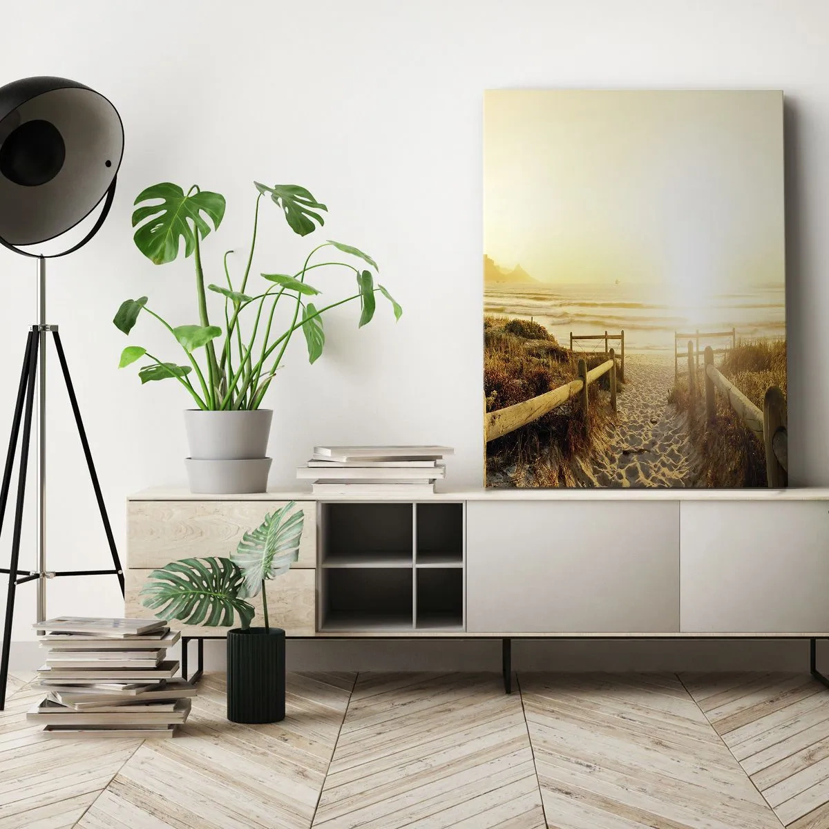 Impression sur toile - Image sur toile - Chemin vers la plage pendant un coucher de soleil doré - 80x120cm - A travers la dune, vers le soleil - Décoration murale moderne pour le salon et la chambre ARTTOR