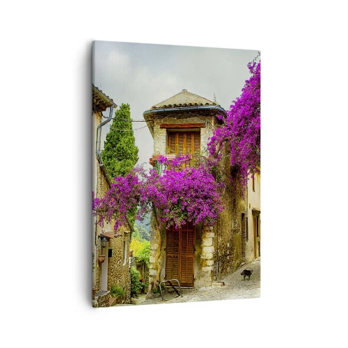 Impression sur toile - Image sur toile - Une rue en pierre avec des fleurs roses et des maisons - 50x70cm - Sous un dais fleuri - Décoration murale moderne pour le salon et la chambre ARTTOR