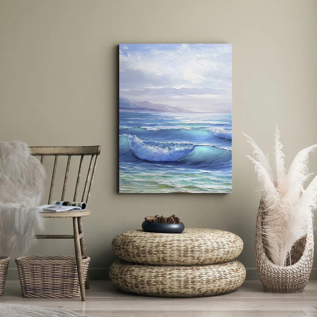 Impression sur toile - Image sur toile - Un paysage marin pittoresque avec des vagues et un ciel bleu - 70x100cm - Il apporte un soulagement - Décoration murale moderne pour le salon et la chambre ARTTOR
