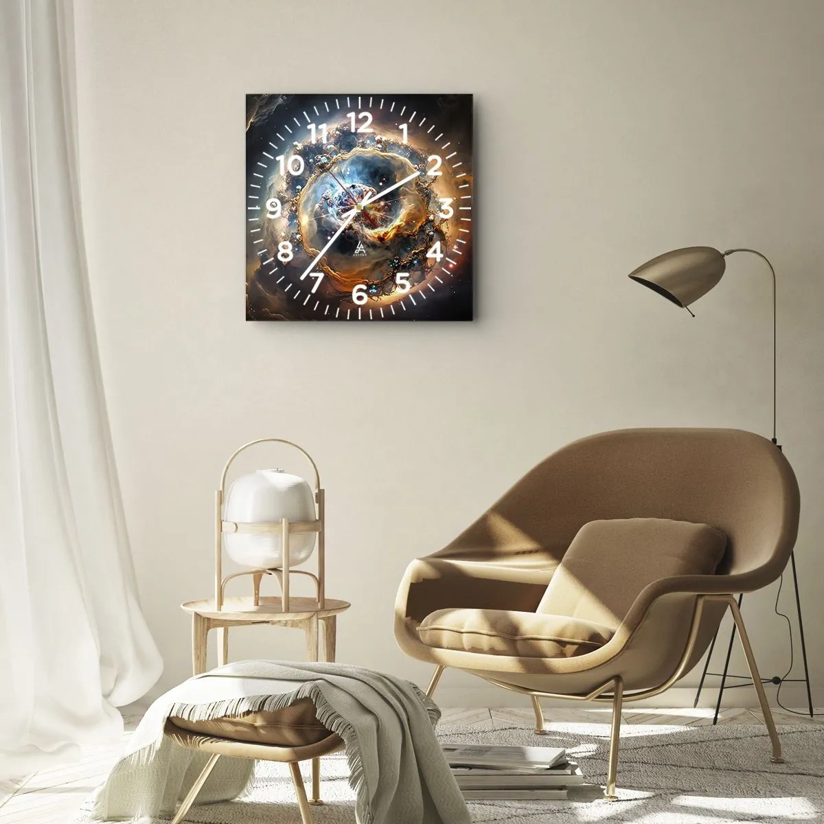 Horloge murale - Pendule murale - Une vision abstraite d'une explosion cosmique dans des tons d'or et de bleu. - 30x30cm - Le début - Décoration murale moderne pour le salon et la chambre ARTTOR