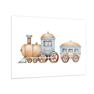 Impression sur verre - Image sur verre - Illustration d'un train à vapeur dans les tons bleu et beige sur fond blanc - 70x50cm - Il est à la gare... - Décoration murale moderne pour le salon et la chambre ARTTOR