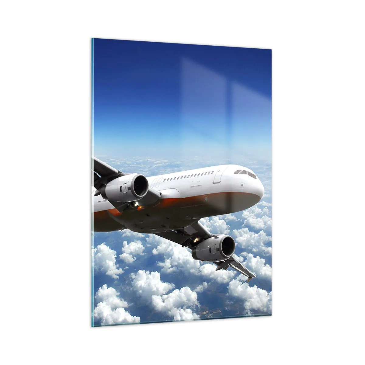 Impression sur verre - Image sur verre - Un avion de ligne volant au-dessus des nuages contre un ciel bleu - 50x70cm - Éloignez-vous de tout - Décoration murale moderne pour le salon et la chambre ARTTOR