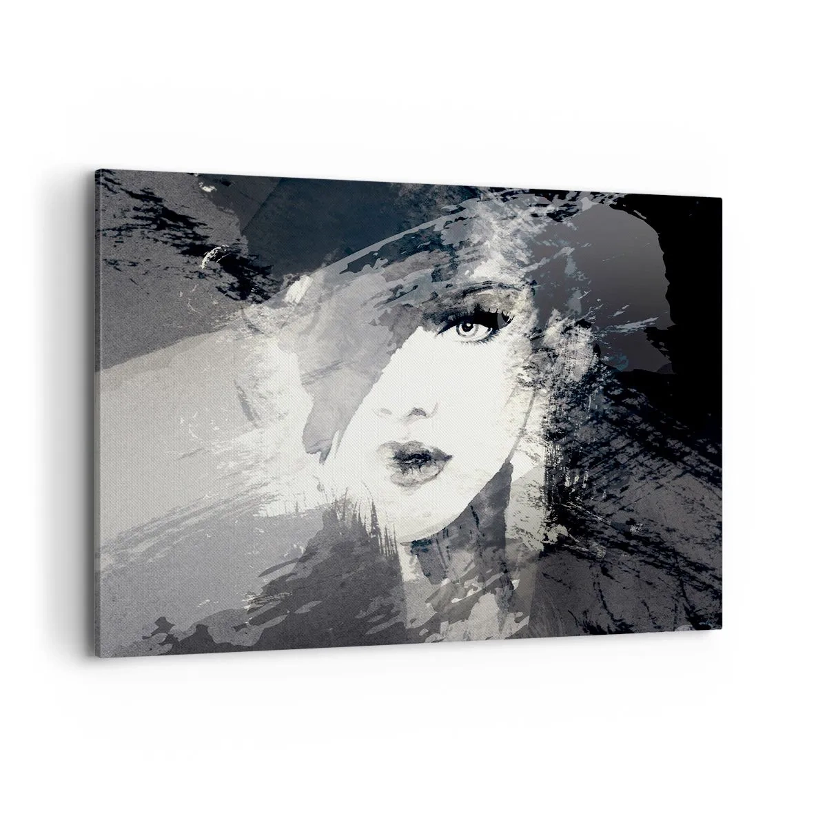 Impression sur toile - Image sur toile - Un portrait abstrait d'une femme dans des tons de gris avec des accents délicats. - 100x70cm - Derrière un voile gris - Décoration murale moderne pour le salon et la chambre ARTTOR