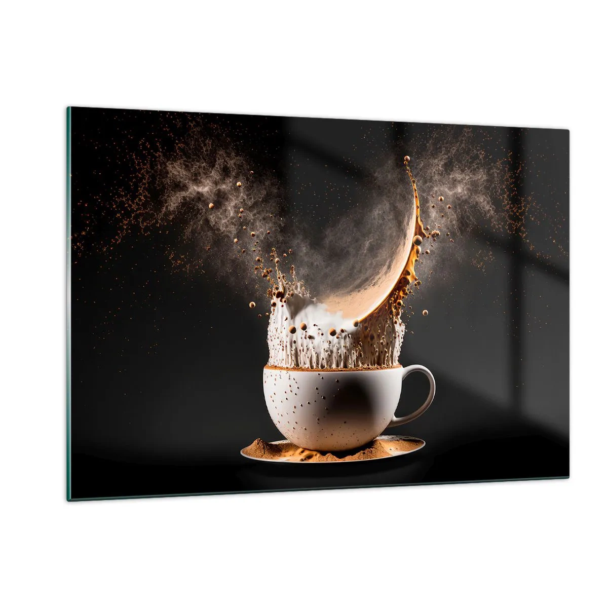 Impression sur verre - Image sur verre - Éclaboussures de café avec du lait dans une prise de vue dynamique - 120x80cm - Une explosion de saveur - Décoration murale moderne pour le salon et la chambre ARTTOR