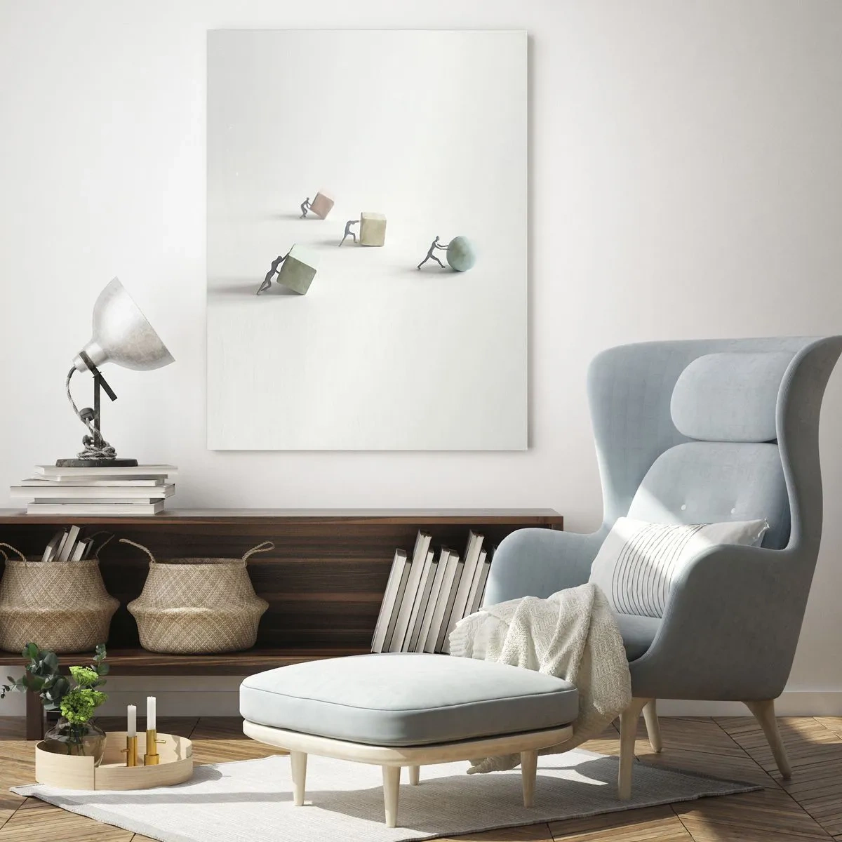 Impression sur verre - Image sur verre - Figurines miniatures poussant des formes sur un fond clair - 80x120cm - Rien que la vie - Décoration murale moderne pour le salon et la chambre ARTTOR