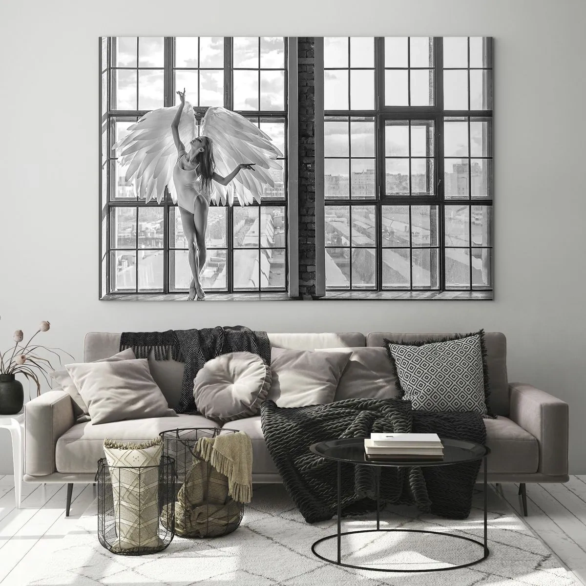 Impression sur verre - Image sur verre - Ballerine avec des ailes d'ange en noir et blanc - 100x70cm - La ville des anges? - Décoration murale moderne pour le salon et la chambre ARTTOR