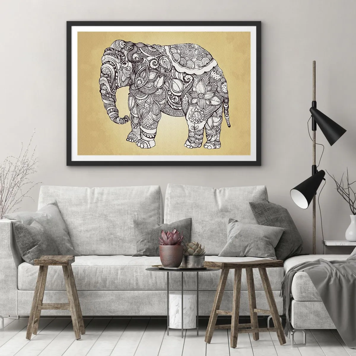 Affiche dans un cadre noir - Poster - Éléphant dessiné à la main avec un motif orné sur un fond beige - 70x50cm - L'éléphant s'est apprêté - Décoration murale moderne pour le salon et la chambre ARTTOR