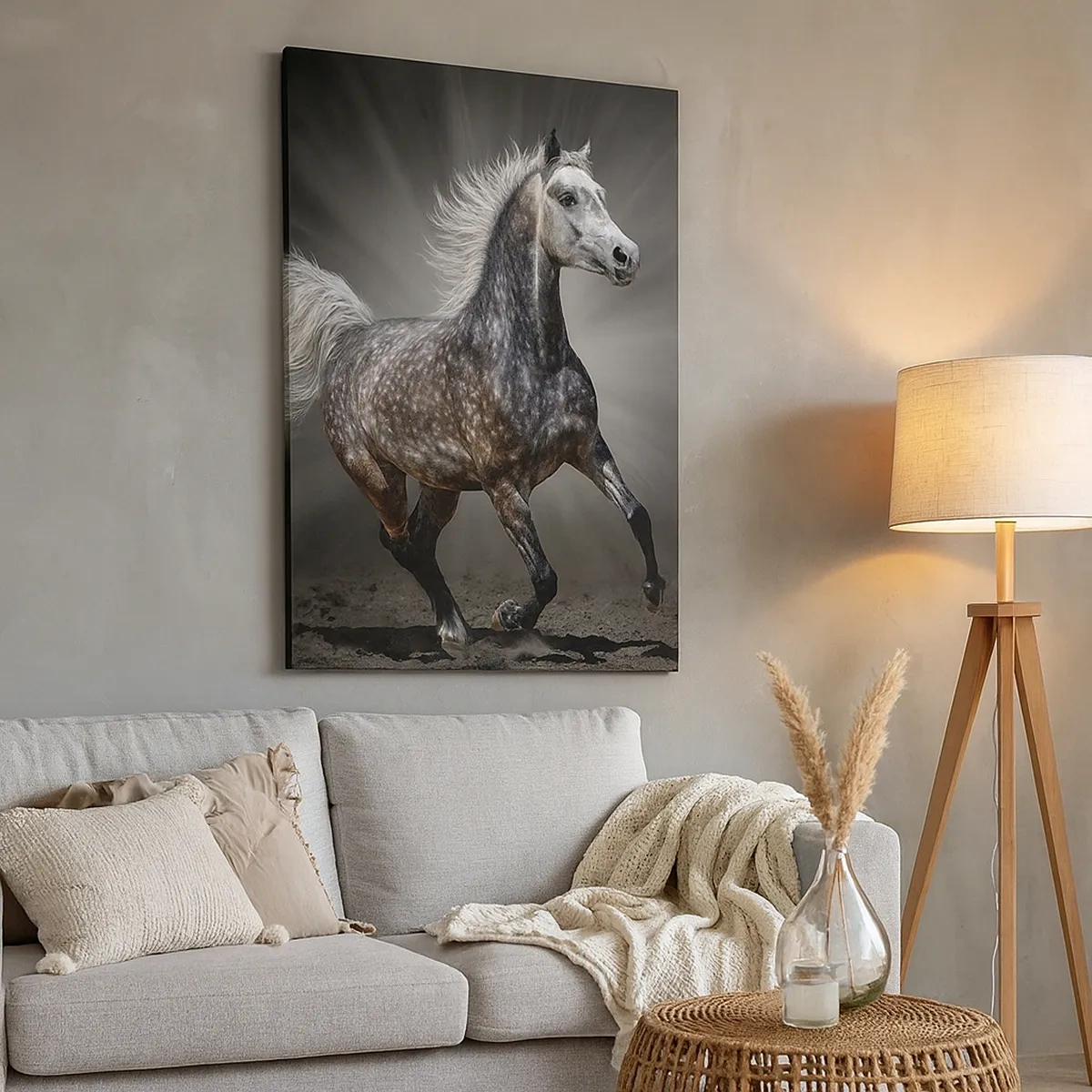 Impression sur toile - Image sur toile - Un cheval blanc galopant sur un fond sombre - 50x70cm - Le gris est beau - Décoration murale moderne pour le salon et la chambre ARTTOR