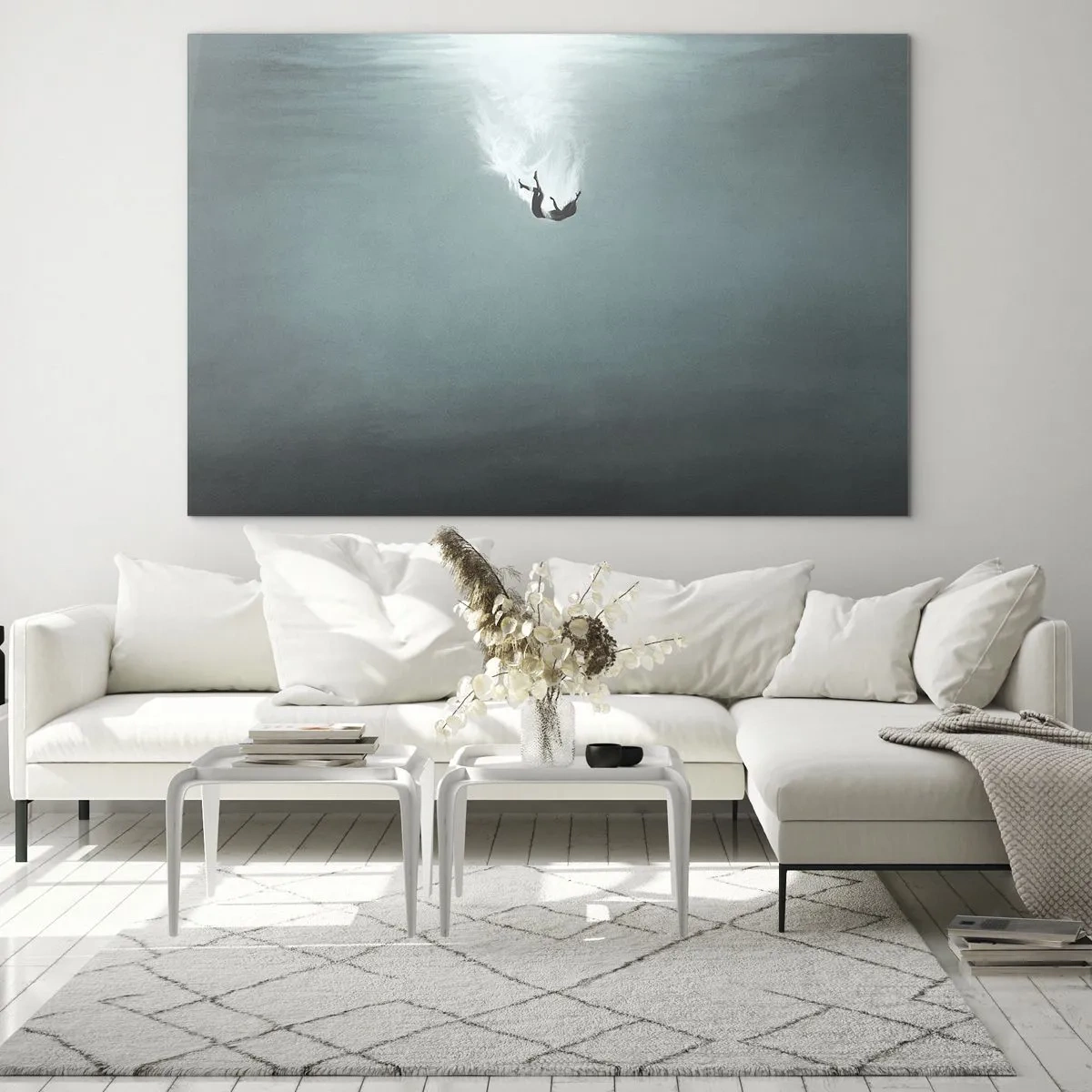 Impression sur verre - Image sur verre - La silhouette d'un homme immergé dans les profondeurs bleues de l'océan - 120x80cm - Dans les bras de l'océan - Décoration murale moderne pour le salon et la chambre ARTTOR