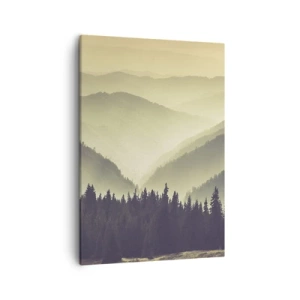 Impression sur toile - Image sur toile - Des chaînes de montagnes pittoresques enveloppées de brume dans une lumière chaude - 50x70cm - Derrière les sept montagnes… - Décoration murale moderne pour le salon et la chambre ARTTOR