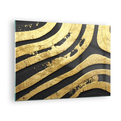 Impression sur verre - Image sur verre - Lignes abstraites dorées sur fond noir dans un style glamour - 70x50cm - Tout coule - Décoration murale moderne pour le salon et la chambre ARTTOR