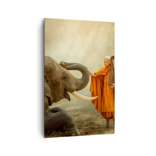 Impression sur toile - Image sur toile - Un moine et un éléphant en harmonie avec la nature en toile de fond - 80x120cm - Rencontre en voyageant - Décoration murale moderne pour le salon et la chambre ARTTOR