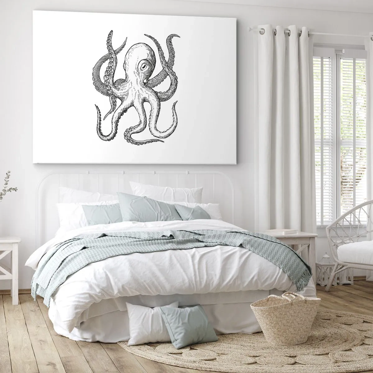 Impression sur toile - Image sur toile - Dessin noir et blanc d'une pieuvre sur fond blanc dans un style vintage - 70x50cm - Dansant avec les vagues - Décoration murale moderne pour le salon et la chambre ARTTOR