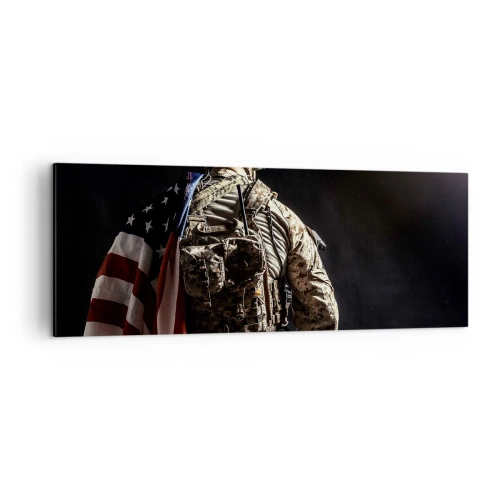 Impression sur toile - Image sur toile - Un soldat en uniforme avec un drapeau sur un fond sombre - 140x50cm - C'est exactement pour ça - Décoration murale moderne pour le salon et la chambre ARTTOR