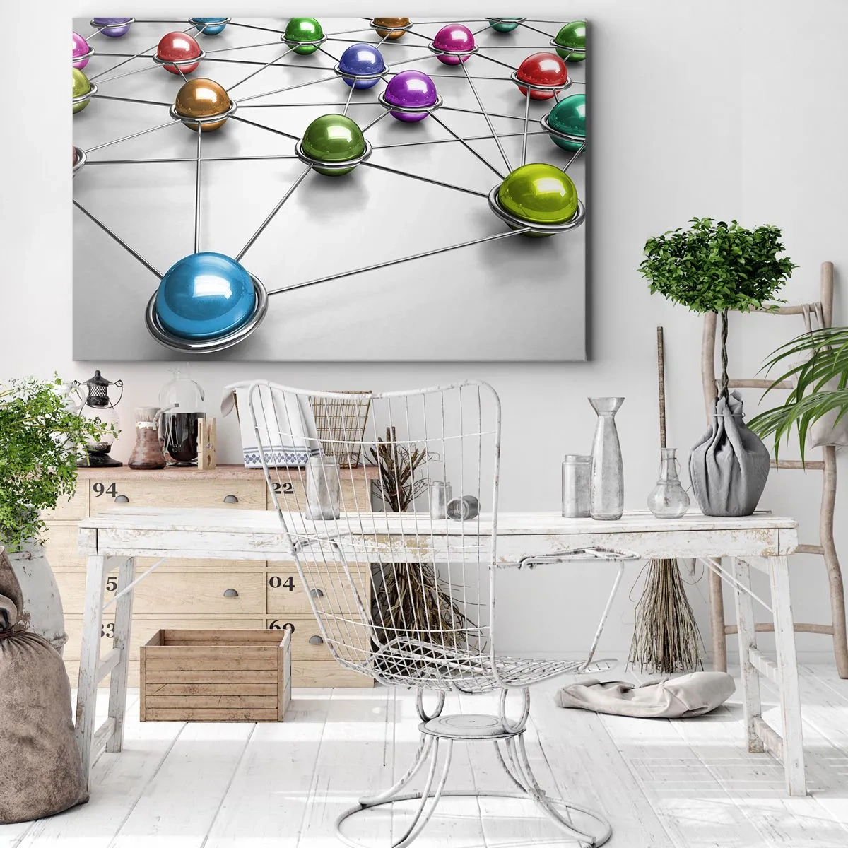 Impression sur toile - Image sur toile - Boules colorées reliées par de fines lignes sur fond blanc - 70x50cm - Toile d'araignée cosmique - Décoration murale moderne pour le salon et la chambre ARTTOR