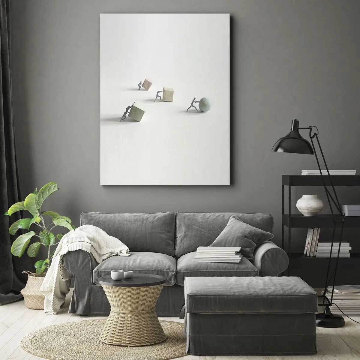 Impression sur toile - Image sur toile - Figurines miniatures poussant des formes sur un fond clair - 80x120cm - Rien que la vie - Décoration murale moderne pour le salon et la chambre ARTTOR