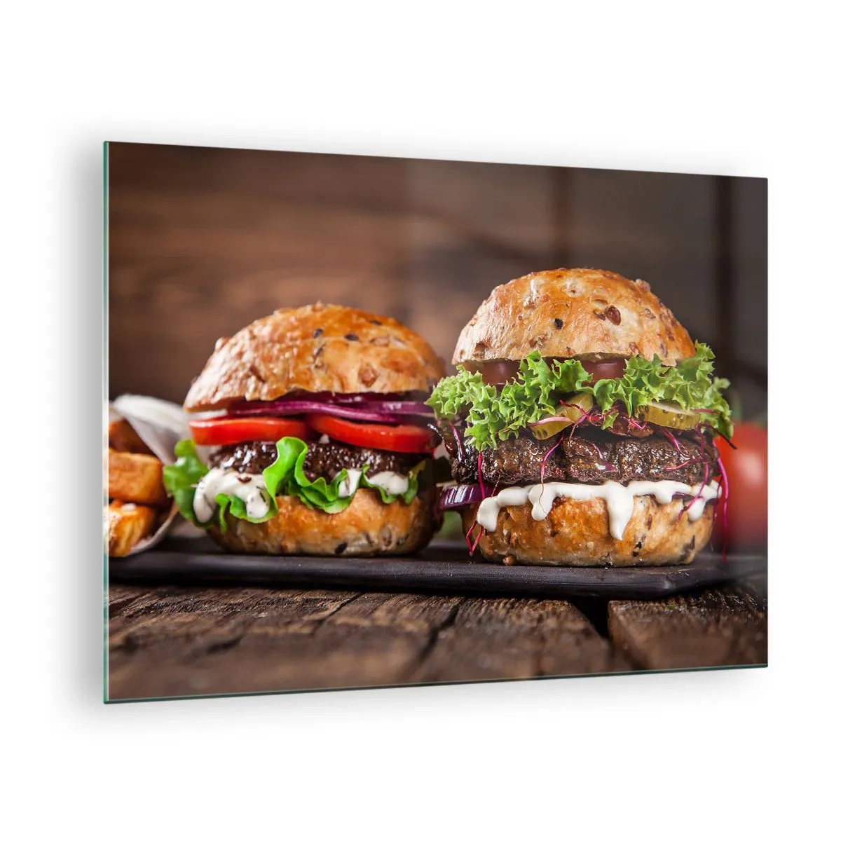 Impression sur verre - Image sur verre - Burgers appétissants avec légumes et sauce - 70x50cm - American dream - Décoration murale moderne pour le salon et la chambre ARTTOR